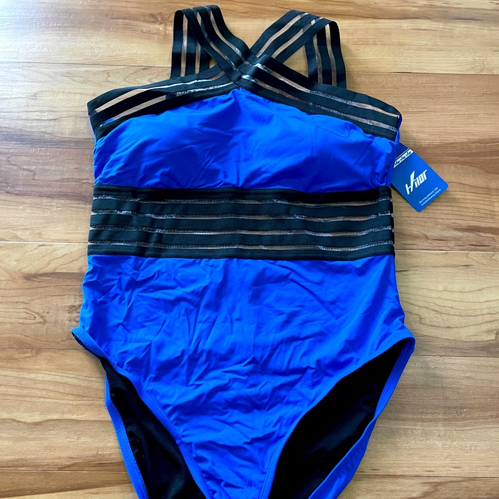 Hilor One Piece Royal Blue/Black Mesh Bathing Suit Size Large